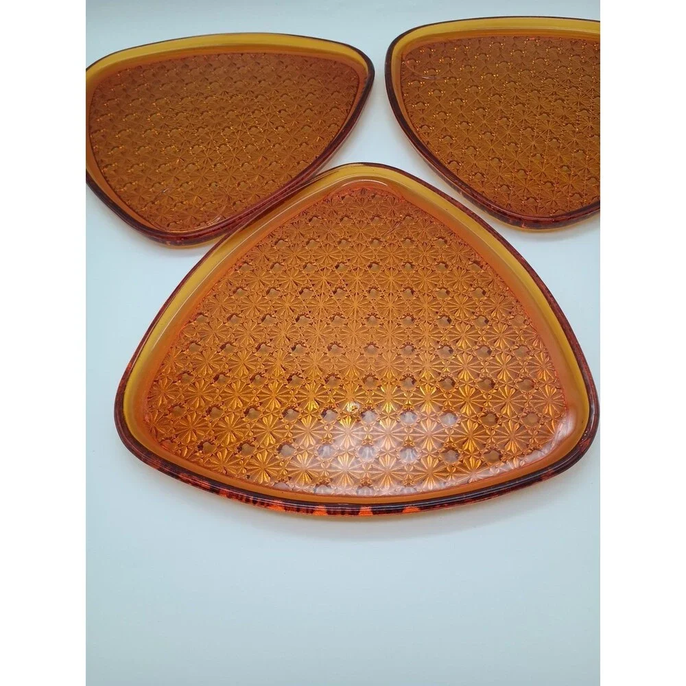 Set of 3 Vintage MCM Amber Glass Anchor Hocking Daisy and Button Snack Plates 9